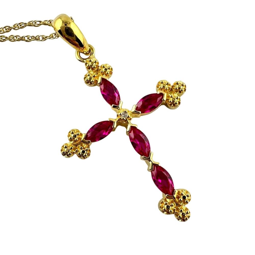 14K Gold Plated 925 Silver Marquise Ruby Diamond Cross Pendant 17" Necklace
